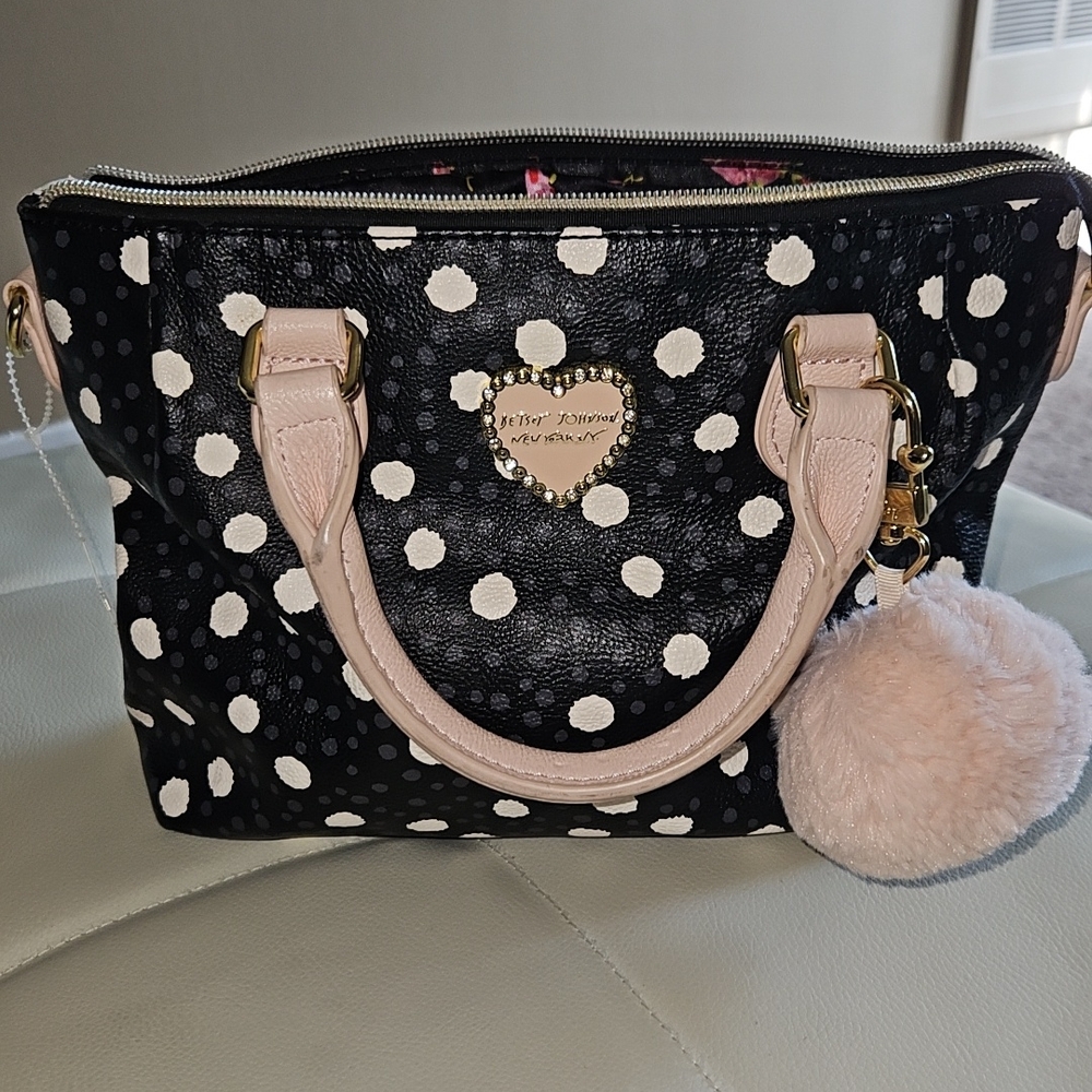 Betsey Johnson Black and White Polka Dot Mini Bag with Pink Details
